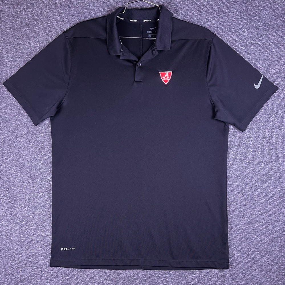 Nike Golf Dri Fit Mens M Black Polo Shirt UA Crimson Letter A Logo Outdoors Cool